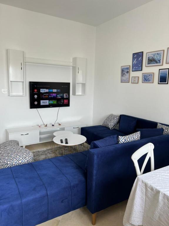 艾尔亚奈Residence Mariem的客厅配有蓝色的沙发和电视