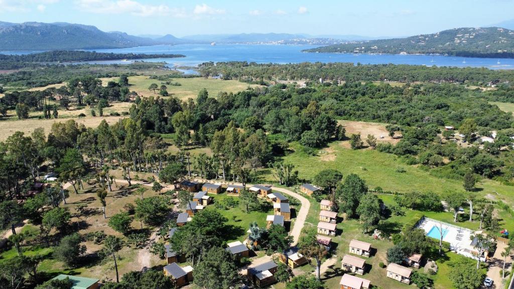 维琪奥港Camping l'Oso的享有村庄和湖泊的空中景致