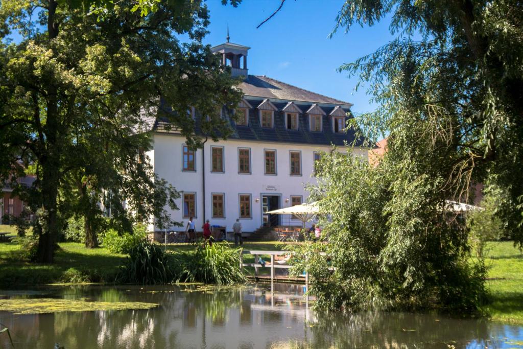 Creuzburg斯提夫沃尔姆生态酒店的一座白色的大房子,前面有一个池塘