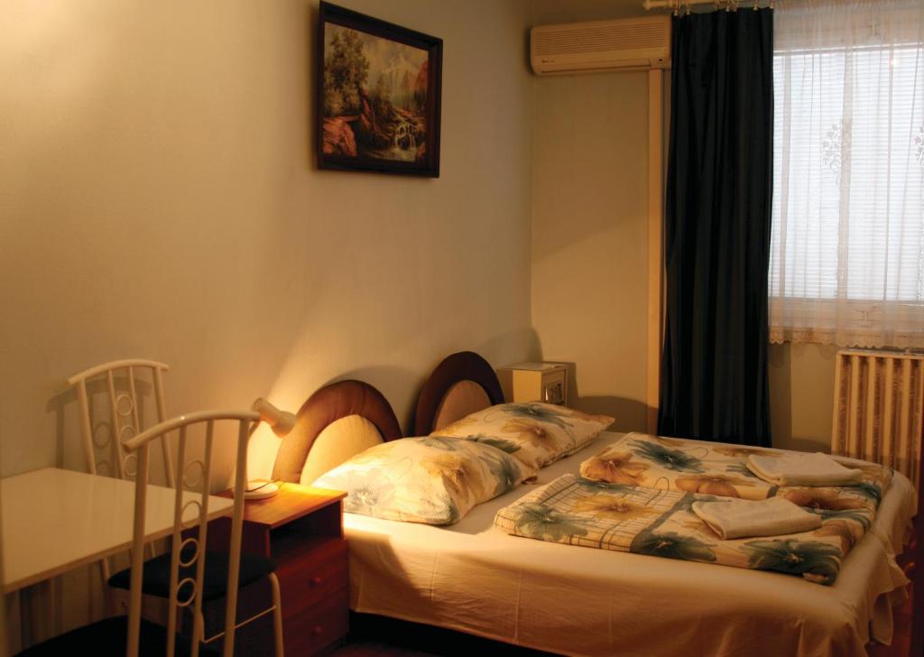 布达佩斯玛丽安南斯多普公寓酒店的一间卧室配有一张床、一张书桌和一个窗户。