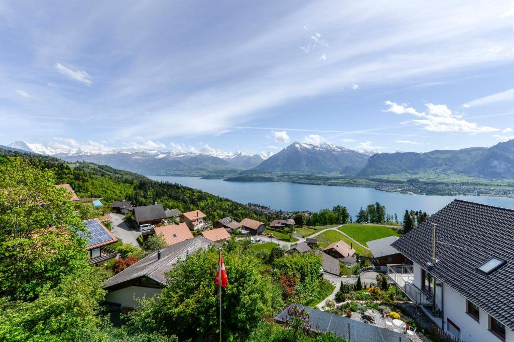 海利根舒文迪Guesthouse Sonnegg的享有村庄的空中湖景和山景