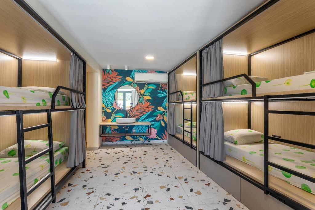 赫瓦尔Hostel Villa Skansi的客房设有四张双层床和壁画