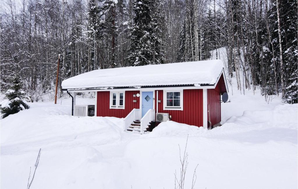 LångavCozy Home In Sysslebck With House A Mountain View的树林里雪覆盖的红色棚子