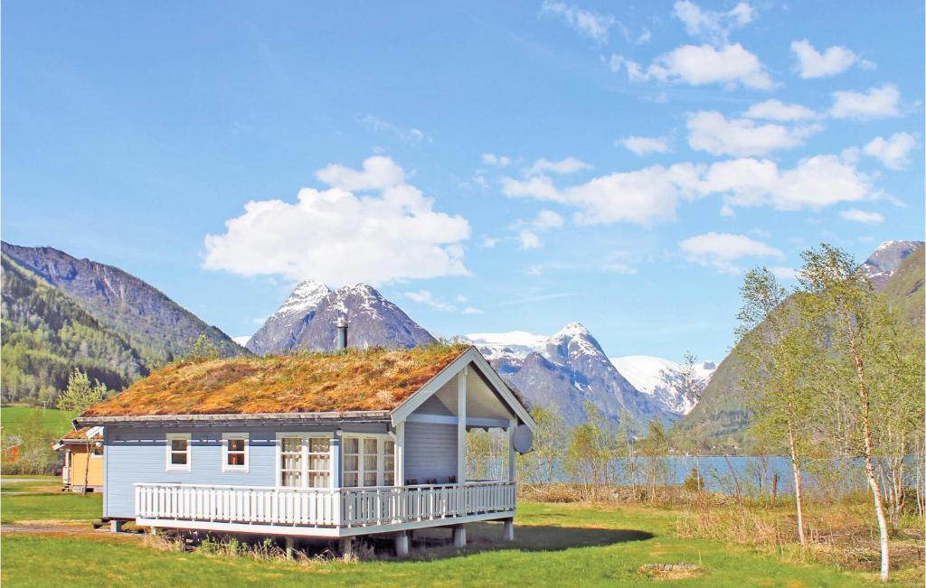 菲耶兰Cozy Home In Fjrland With House A Mountain View的山地草屋顶房屋