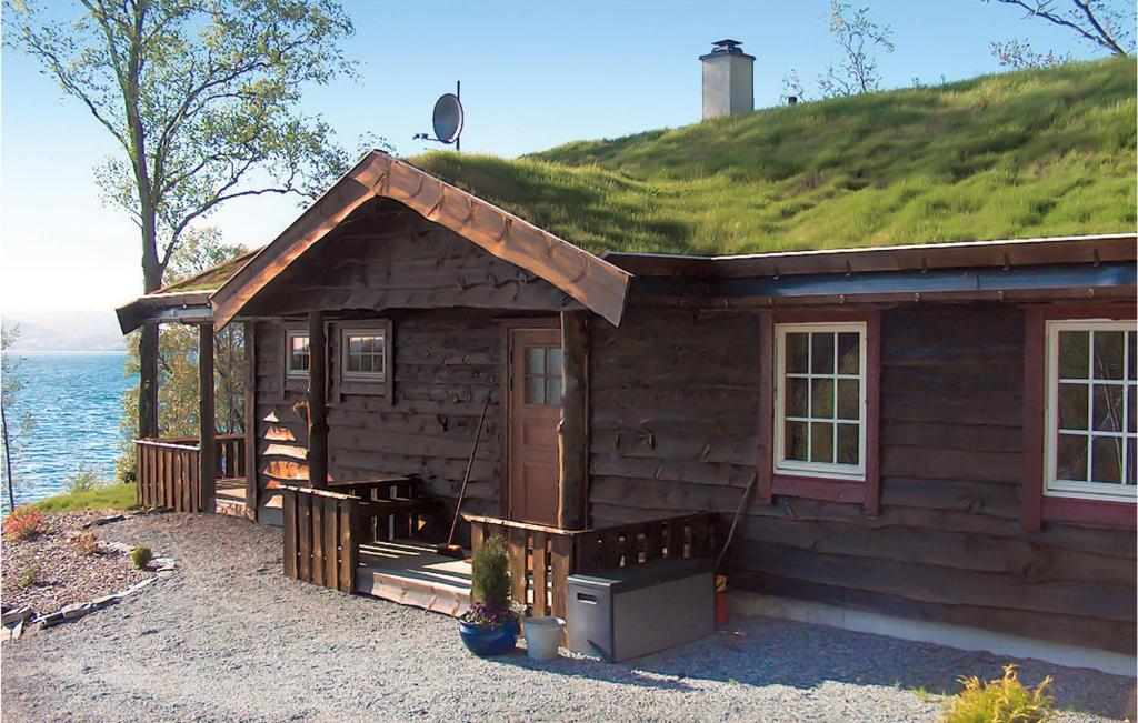 VinnesEikhaugen Gjestegard的小木屋,上面有一座草木小山