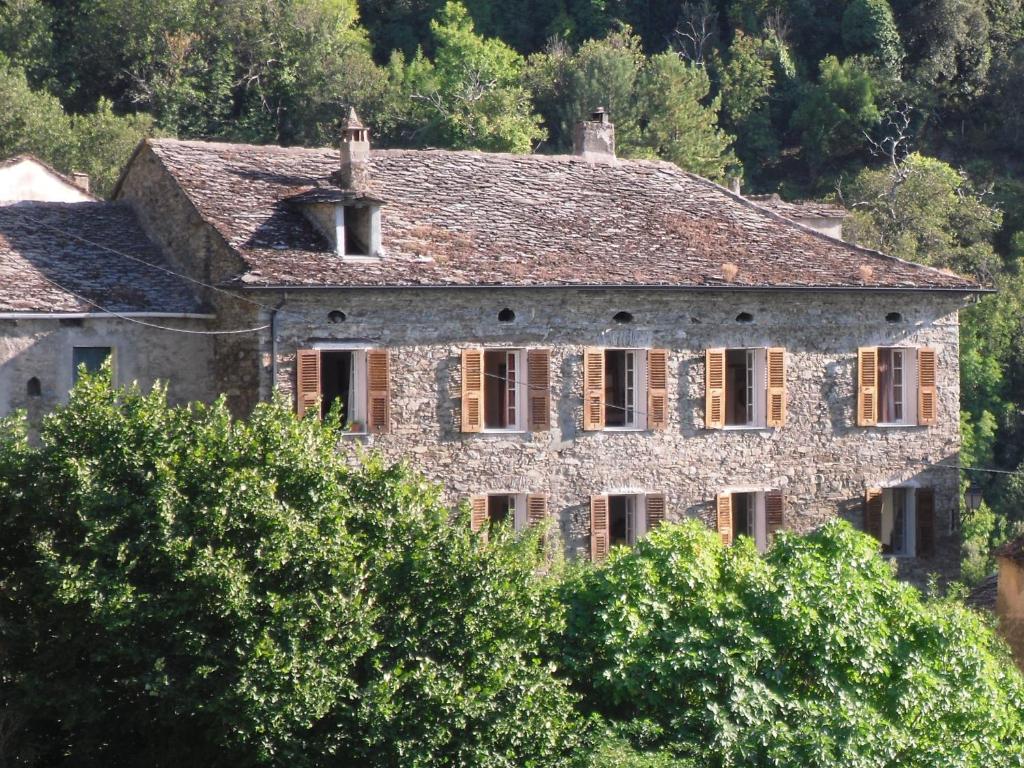 Castello-di-Rostino拉玛罗特查比瑞住宿加早餐旅馆的一座树木茂密的山丘上的古老石屋