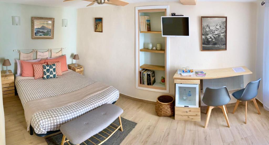 穆斯捷-圣玛丽Lou Mistral的一间卧室配有一张床、一张书桌和一台电视