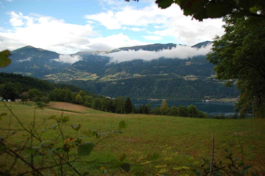 RothenthurnMentebauer Traudi's Ferienhof的绿色的田野,享有湖泊和山脉的美景