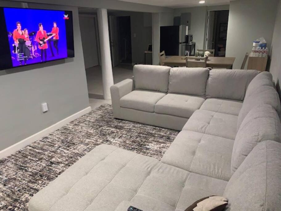 埃尔帕索Stylish Basement Studio in Central El Paso - Very spacious的客厅配有白色沙发和平面电视。