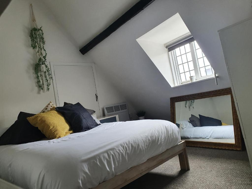 韦尔Grade I listed luxury apartment in Hertfordshire的一间卧室配有一张大床和镜子