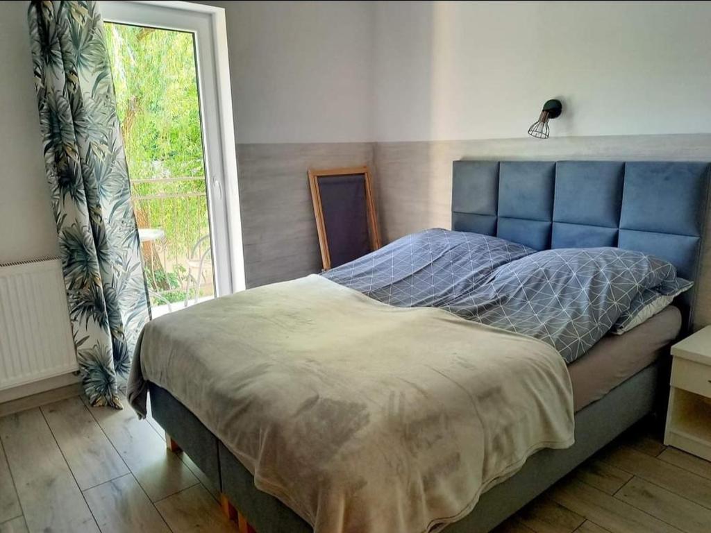 MiałkówekAGRO-Jabłońscy的一间卧室配有一张带蓝色床头板的床和窗户