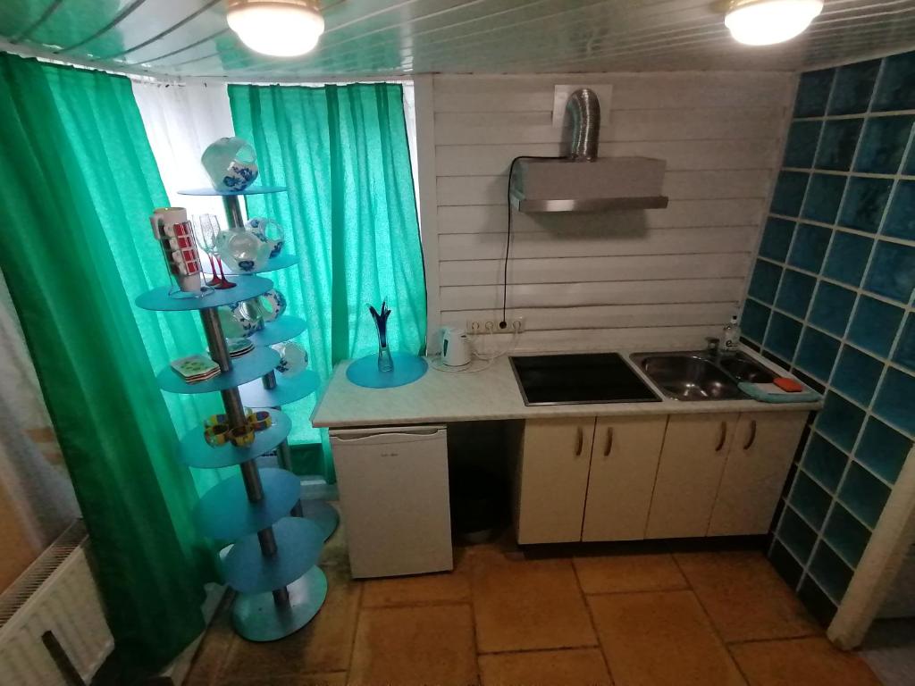 尤尔马拉Jūrmala beach的一个带水槽和绿帘的小厨房