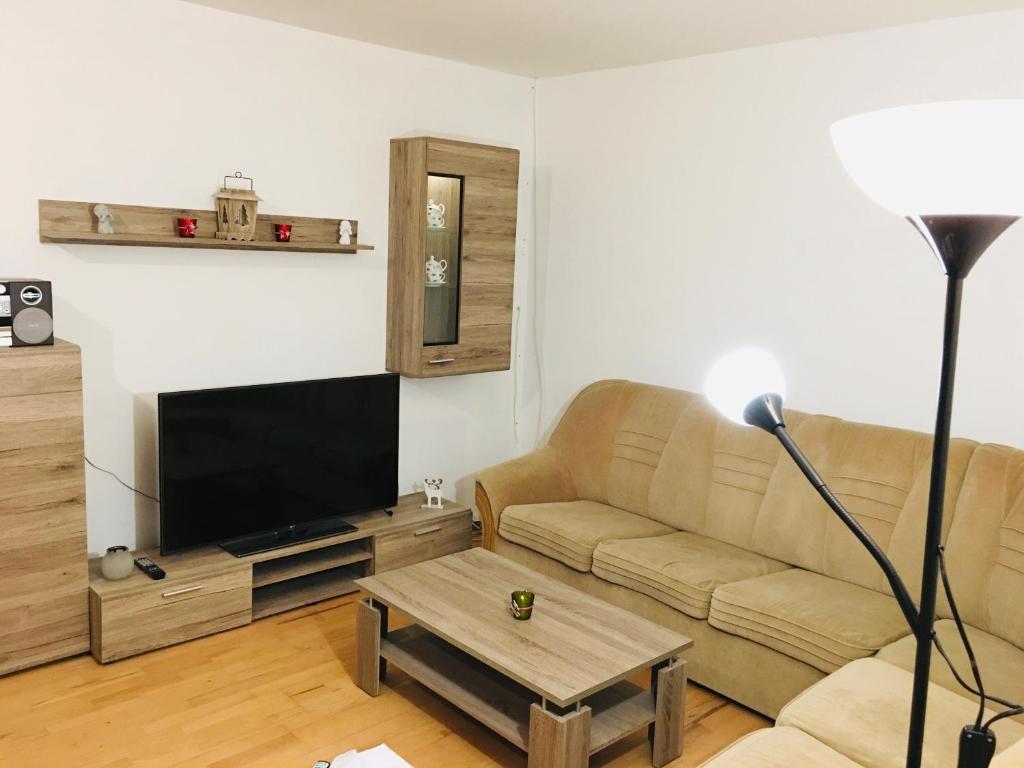 图尔钱斯凯特普利采apartmán MONYA的带沙发和平面电视的客厅