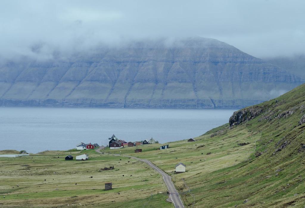 HellurAuthentic Faroese House / Unique Location / Nature的草山,有农场和水体
