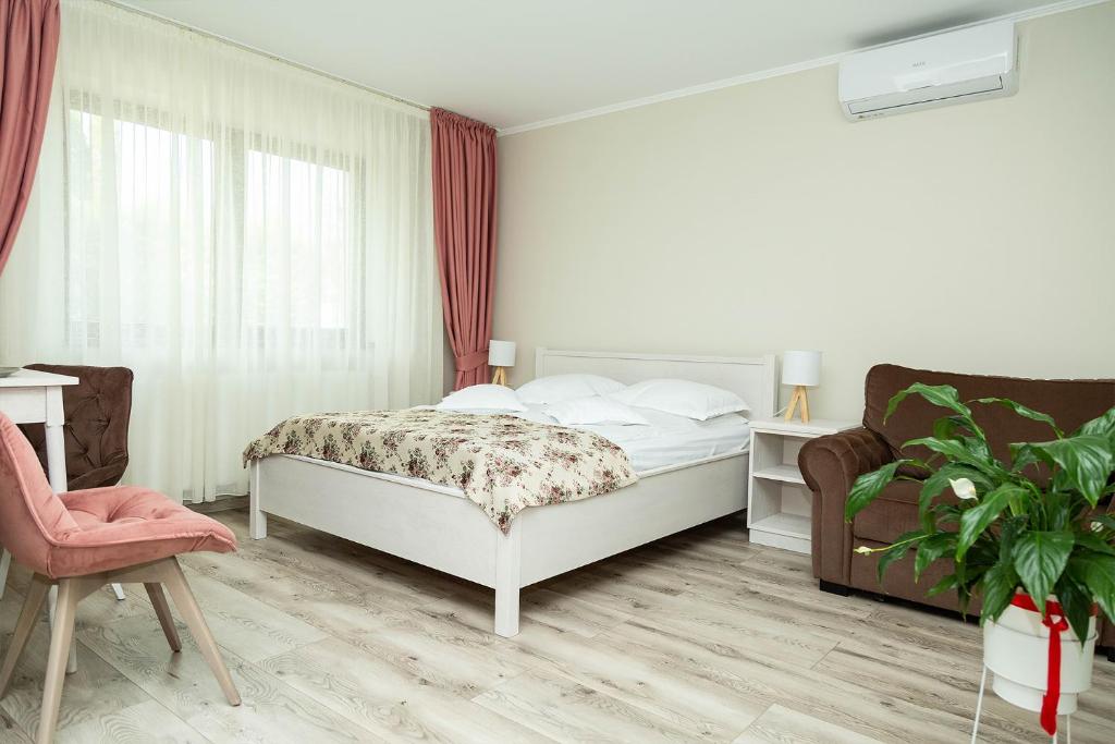 雷京Pensiunea Casablanca的一间卧室配有床、椅子和植物