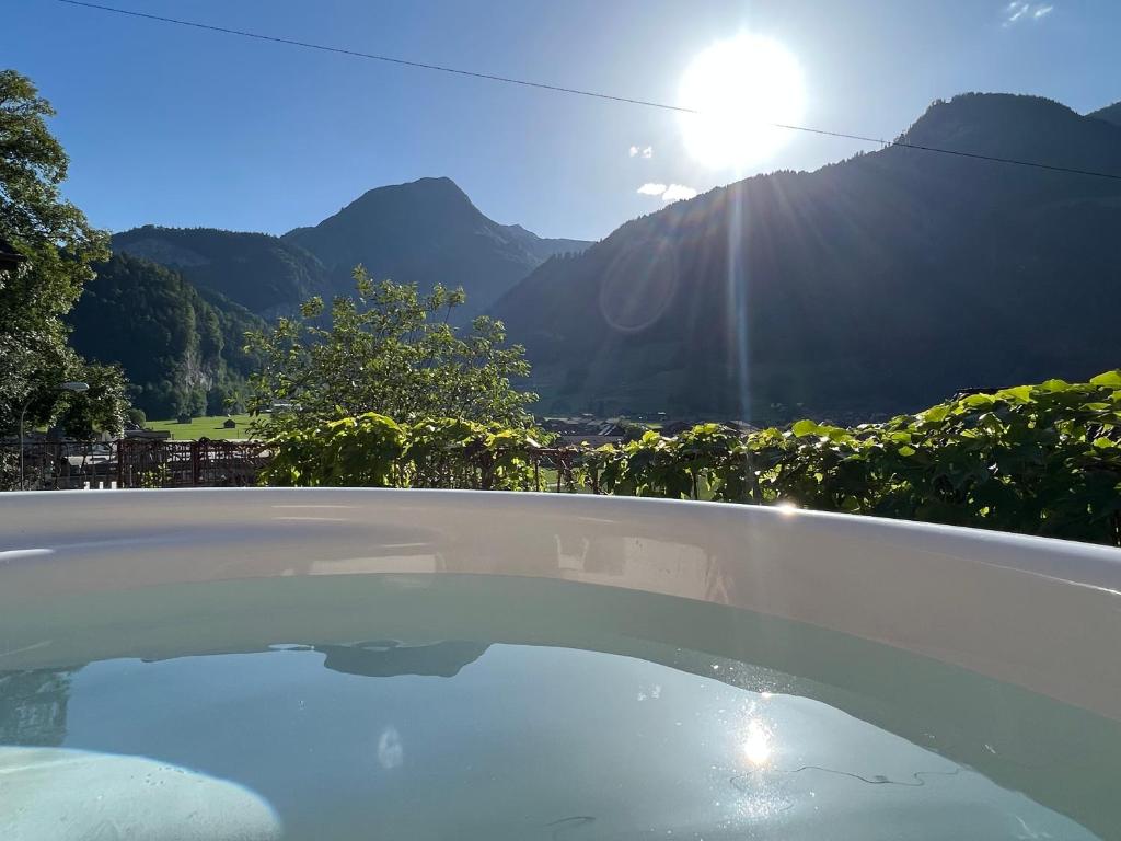 龙疆Romantic private superior Swiss Chalet with Hottub的山景游泳池