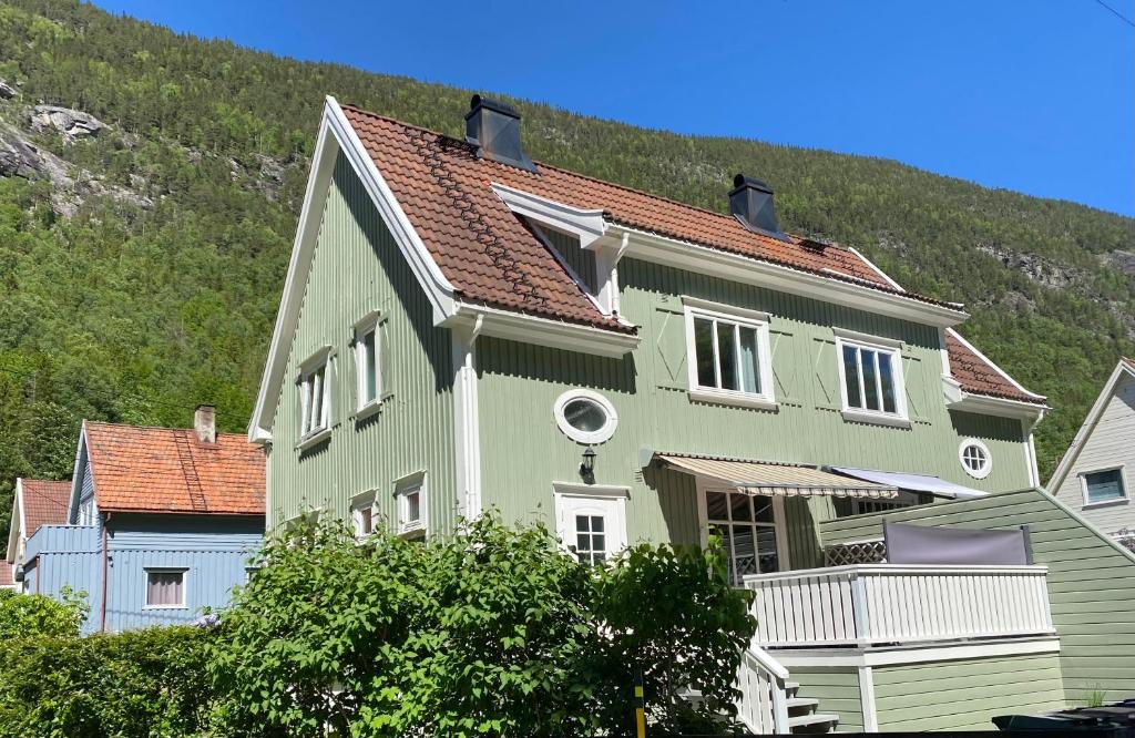 尤坎Sentral tomannsbolig ved park, Rjukan的一座绿色的白色房子,后面有山