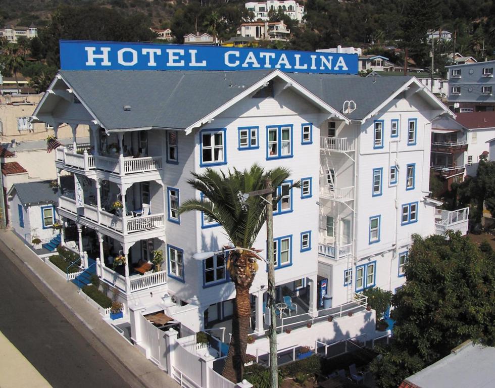 阿瓦隆卡特琳娜酒店的一间大型的白色酒店,前面有一棵棕榈树