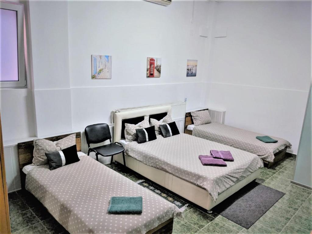 皮特什蒂Casa Agape的一间设有两张床和椅子的房间