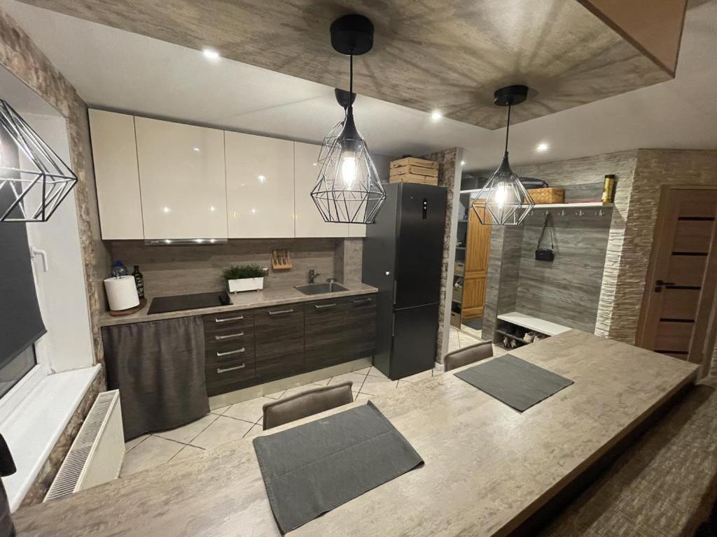 雷泽克内Dzivoklis ar saunu的厨房配有2盏吊灯和台面
