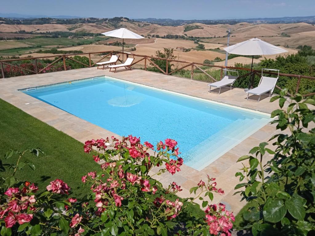 基亚恩尼LA CASA DI CHIANNI La Pieve的游泳池配有椅子、遮阳伞和鲜花