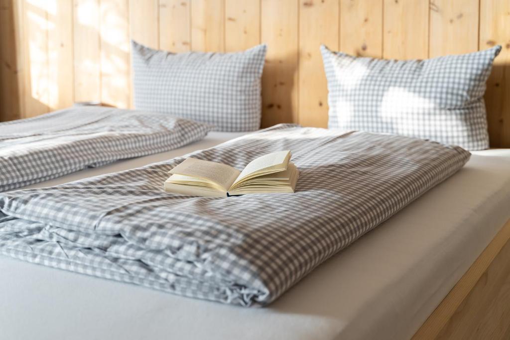 普夫龙滕Alps Hostel的两张床,上面有一本书