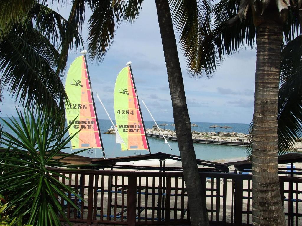 圣约翰斯Northshore Seaside Suites的棕榈树海滩上的帆船