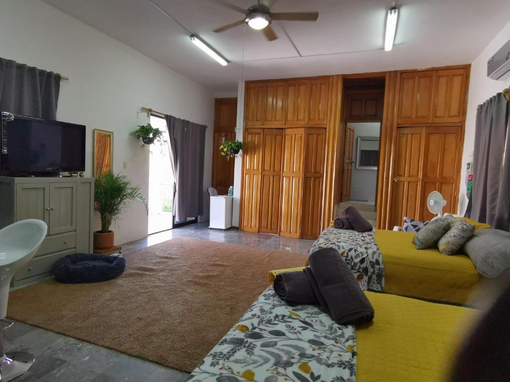 卡波圣卢卡斯Michelle's Place的客厅配有两张床和一台平面电视