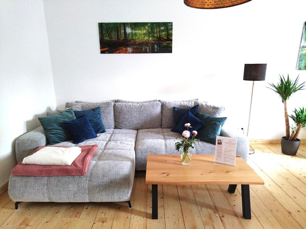 韦尼格罗德FeRo´s Ferienwohnung的带沙发和咖啡桌的客厅