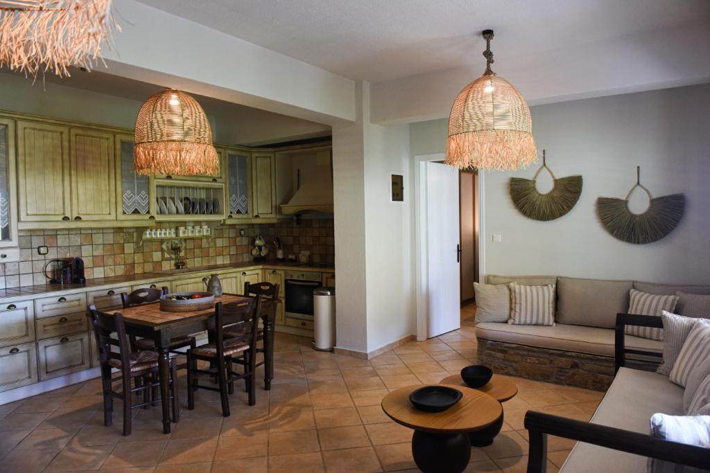 阿梅尼斯蒂斯Charming House in Armentistis, Ikaria的厨房以及带桌椅的起居室。