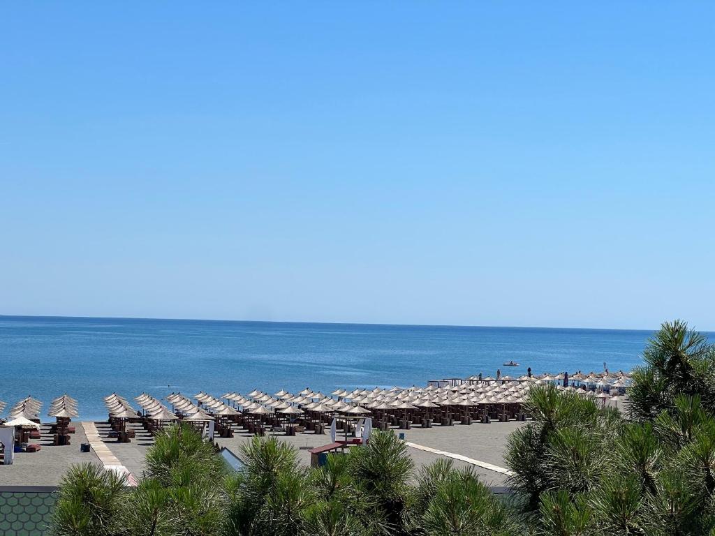 维利波吉Bianca Apartments的享有海滩美景,配有遮阳伞和海洋美景。