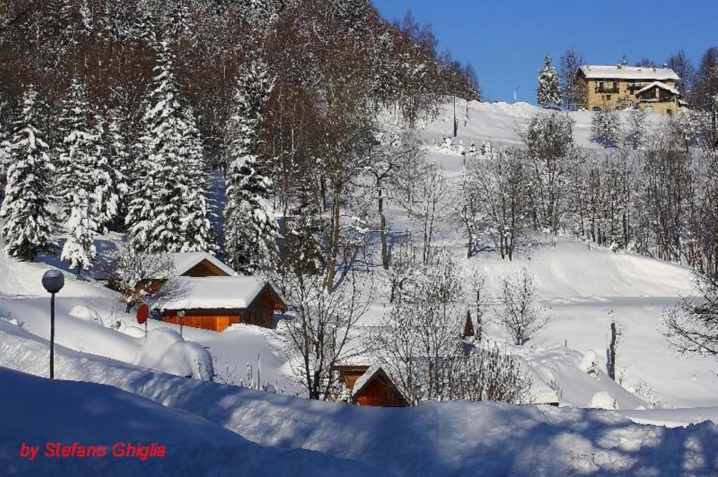 圣贾科莫瑜珈与布布露营酒店的雪覆盖的斜坡,有房子和树木