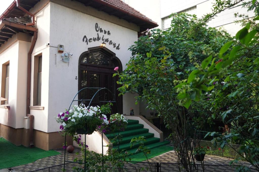 康斯坦察Casa Ferdinand的一座房子,前门有楼梯和鲜花