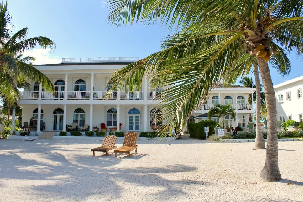 圣佩德罗Tara Del Sol Resort的一座建筑前的棕榈树和两把椅子