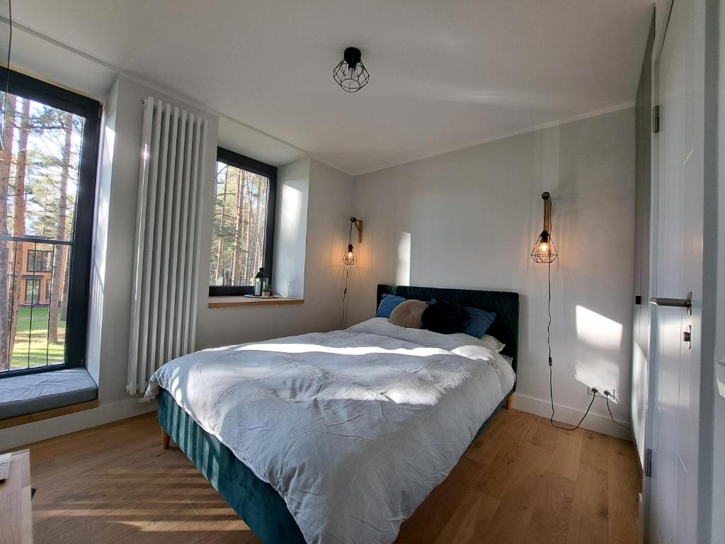 ĶesterciemsSeaside Apartment at Albatross resort的一间卧室设有一张床和两个窗户。
