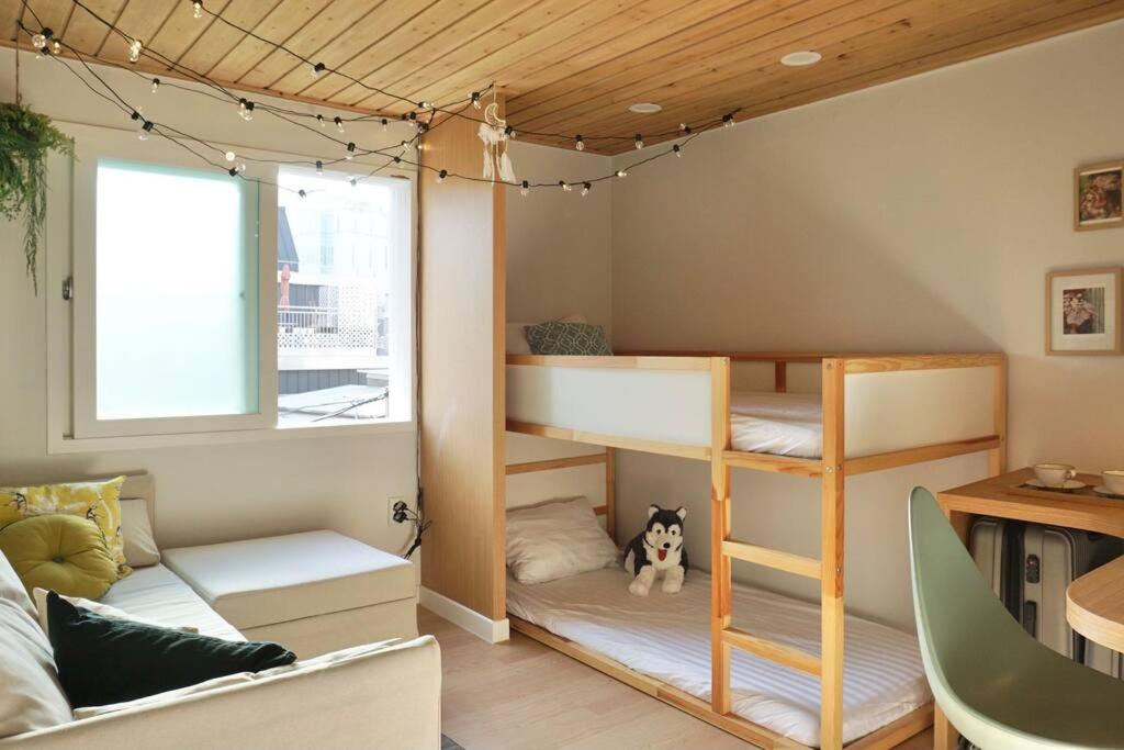 首尔Mapo Rooftop camping house的一间设有双层床的客房,地板上设有一只狗