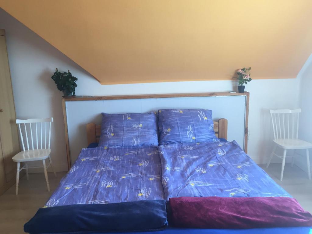 德布勒森Barátságos ház emelete的一张位于带蓝色床单和两把椅子的房间的床位