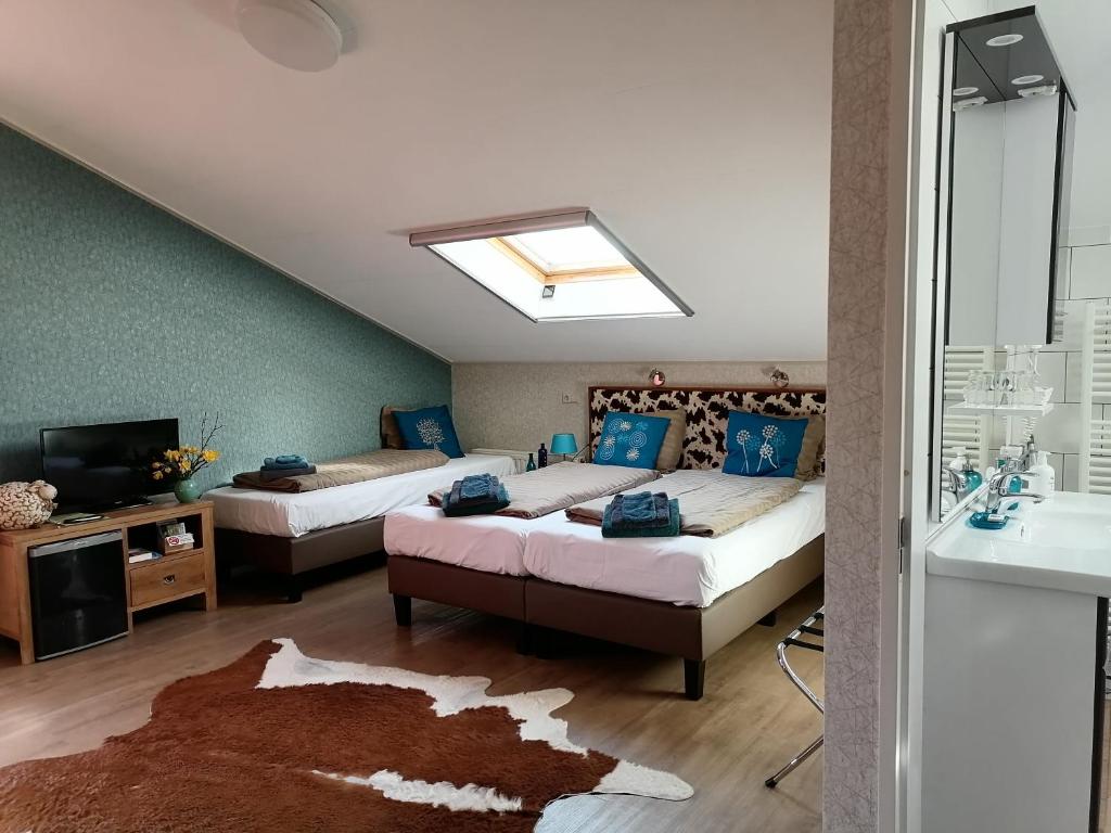 Kockengen哈泽维尔德农场乡村别墅的一间卧室设有两张床、一个水槽和镜子