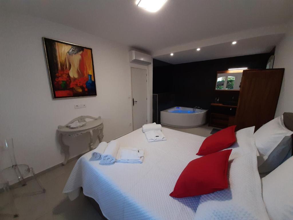 阿格德角VILLA RASOA chambre LOVE的一间卧室配有红色枕头和一张床,还设有一间浴室