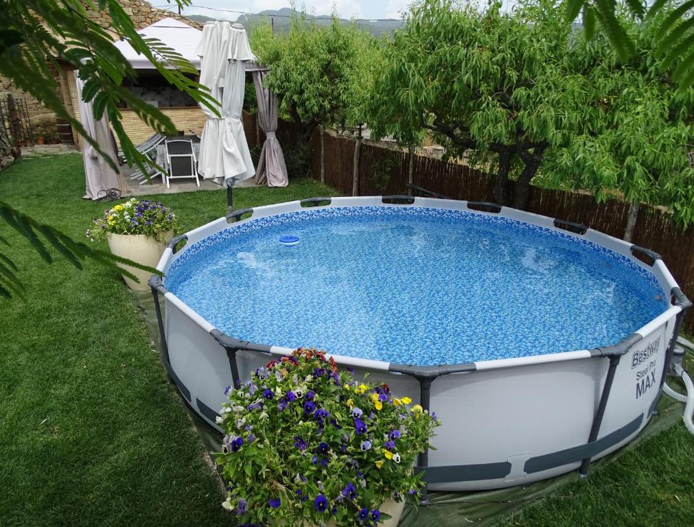 Morillo de MonclúsCasa L'Apargatero的一座鲜花庭院里的大型游泳池