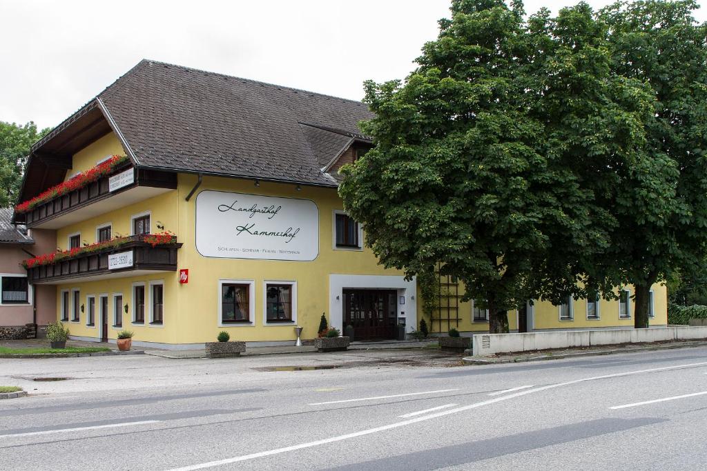 AigelsbachLandgasthof Kammerhof的街道边的黄色建筑