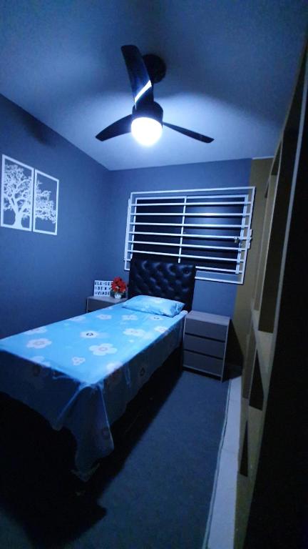 马塞约Bedroom Airport的蓝色卧室配有床和吊扇