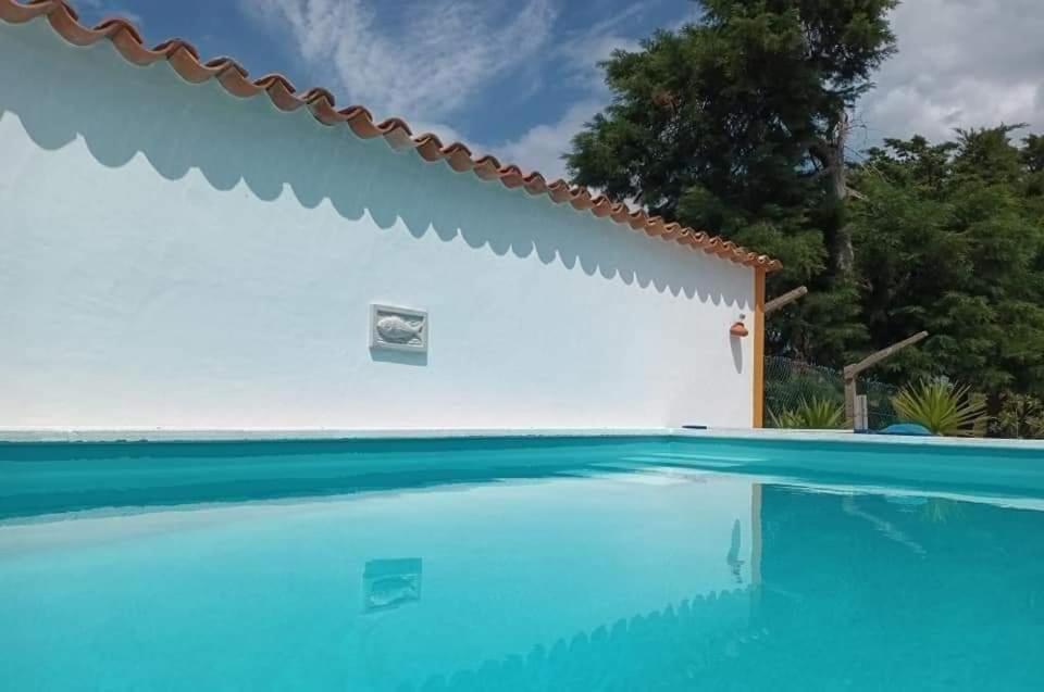 奥比多斯Casa do Lagar的白色墙壁前的游泳池