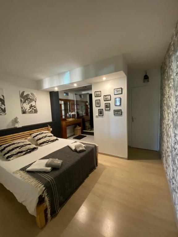 圣吉尔莱班Centre & plage - T2 cosy avec terrasse & jardin的一间卧室,卧室内配有一张大床