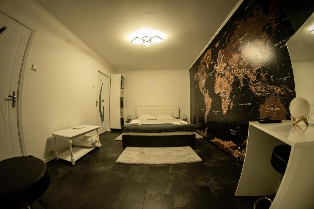 彼得罗沙尼Studio Six Continents的一间设有一张床的客房,墙上有地图