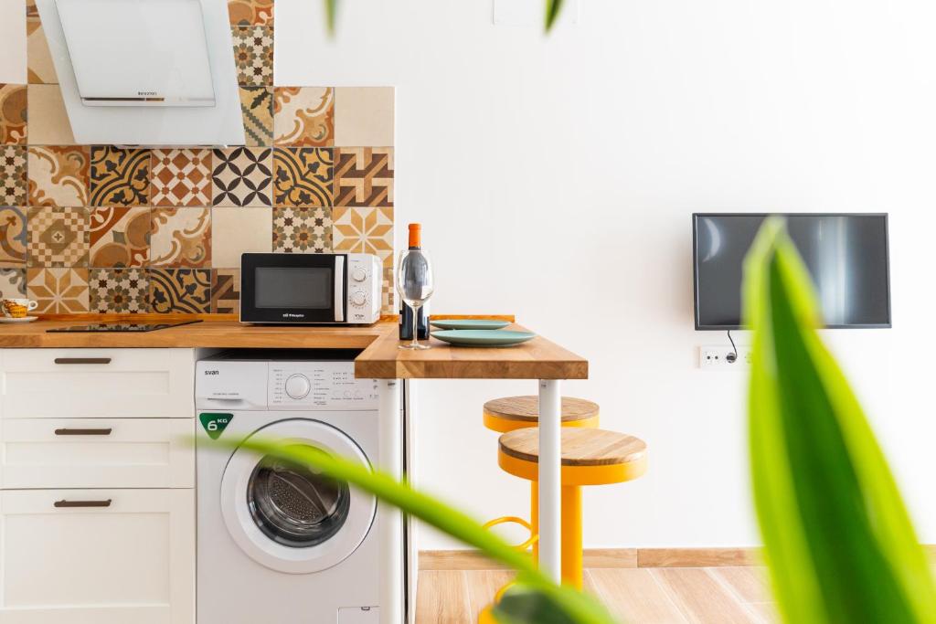 贝赫尔-德拉弗龙特拉apartamentos Martin Roio的厨房配有洗衣机和微波炉。