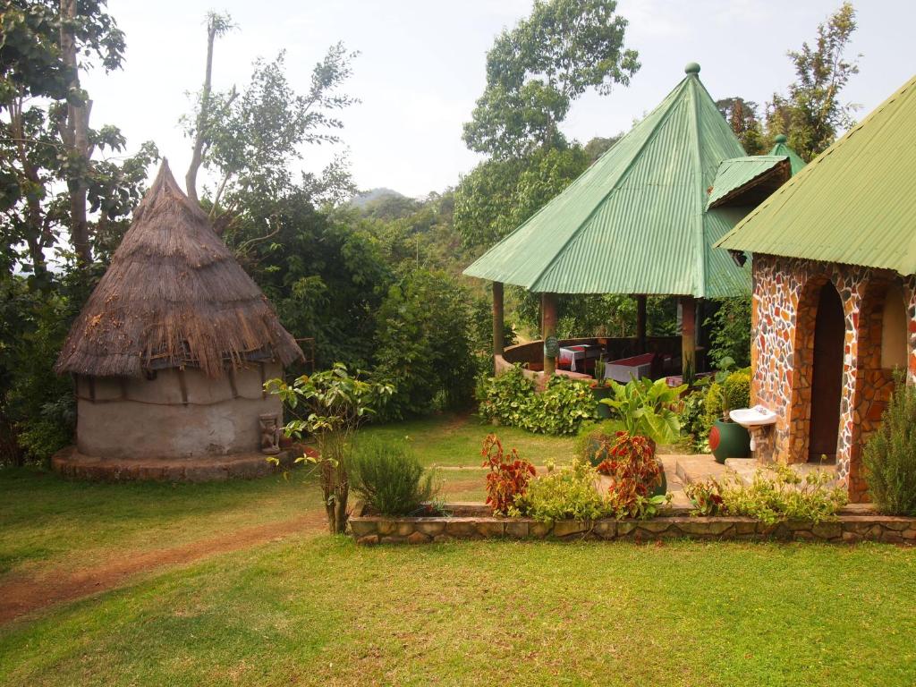 阿鲁沙Songota Falls Lodge的草屋顶的房子和小建筑
