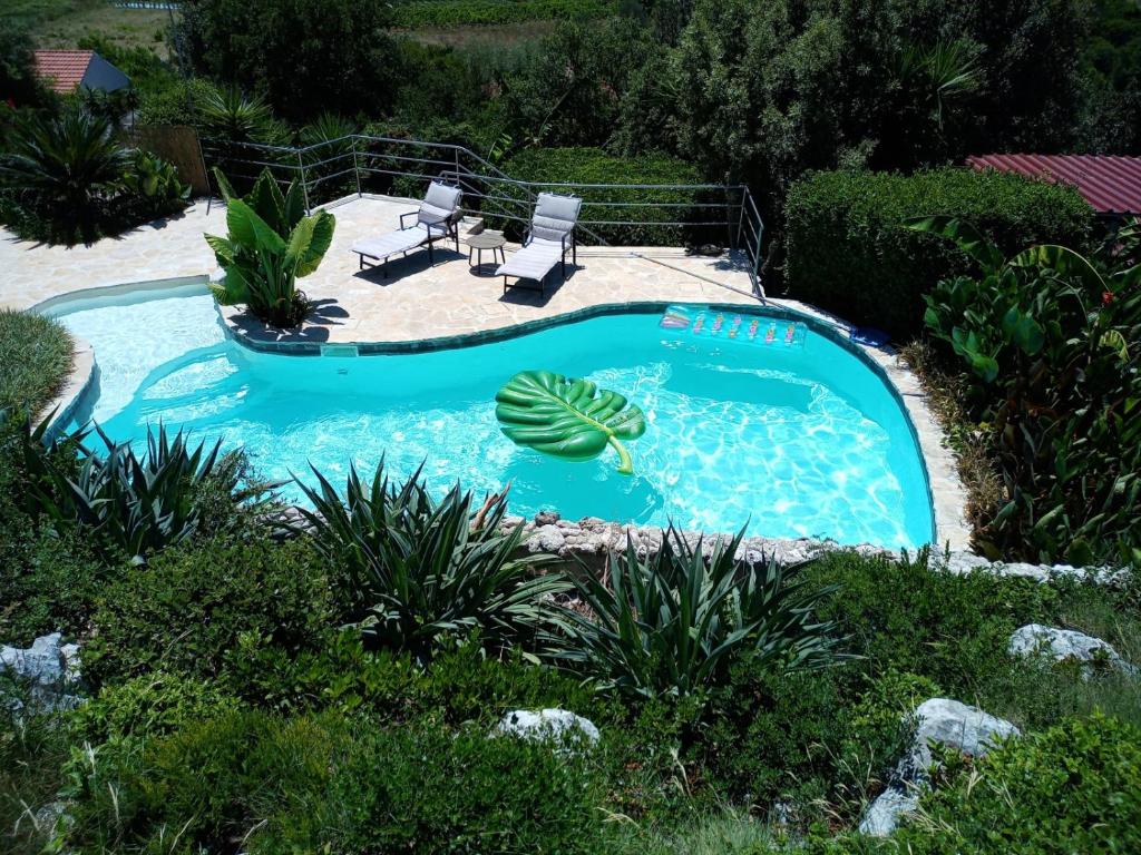 科尔丘拉Relax tiny villas 40 meters of the beach的一个带2把躺椅的庭院内的游泳池