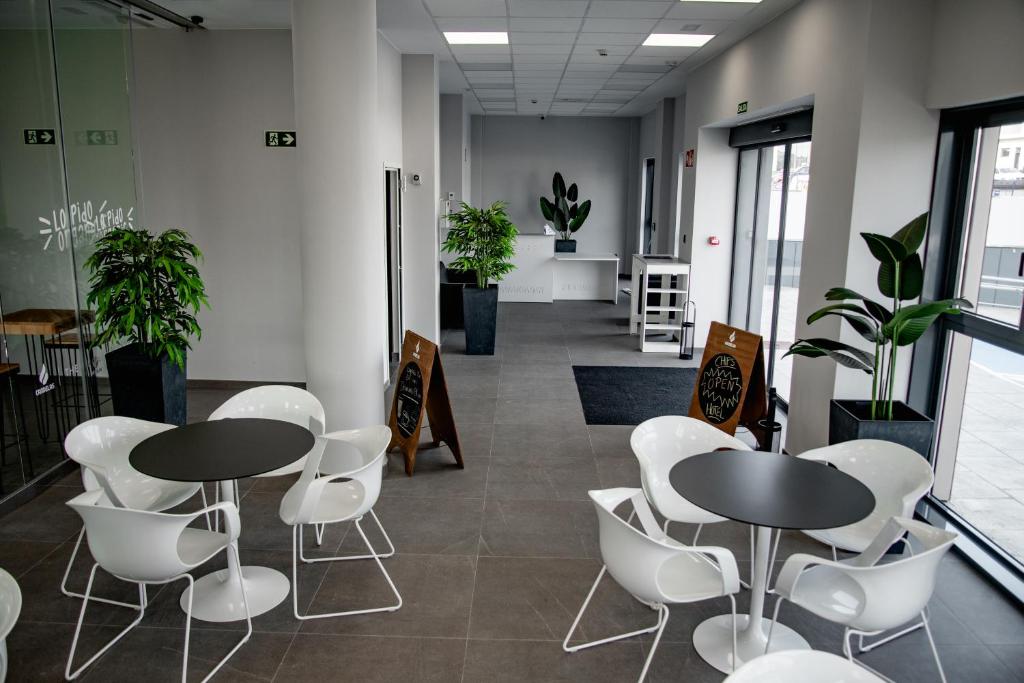 FeneHotel Chips Fene的办公室,配有两张桌子和白色椅子,植物