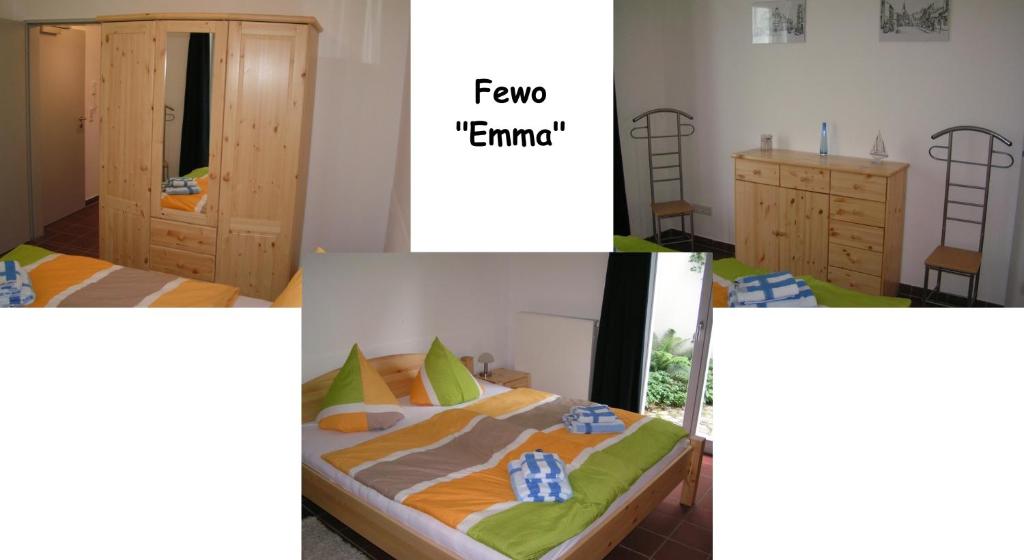 施特拉尔松德Ferienwohnungen Langenstraße - Altstadt的四张带床和橱柜的卧室照片
